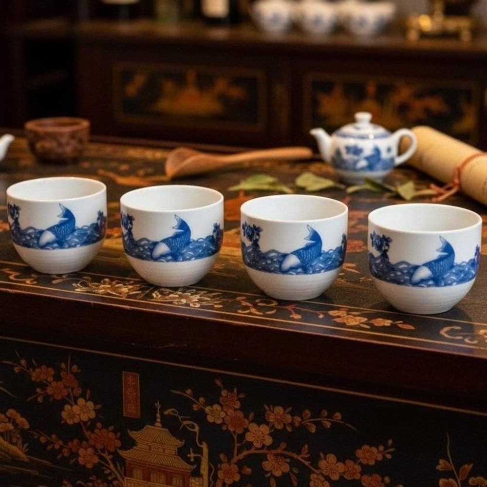 Cheng's White‎ Jade Porcelain Sake Cups, Set of 4, Vintage Blue Rose Koi Design